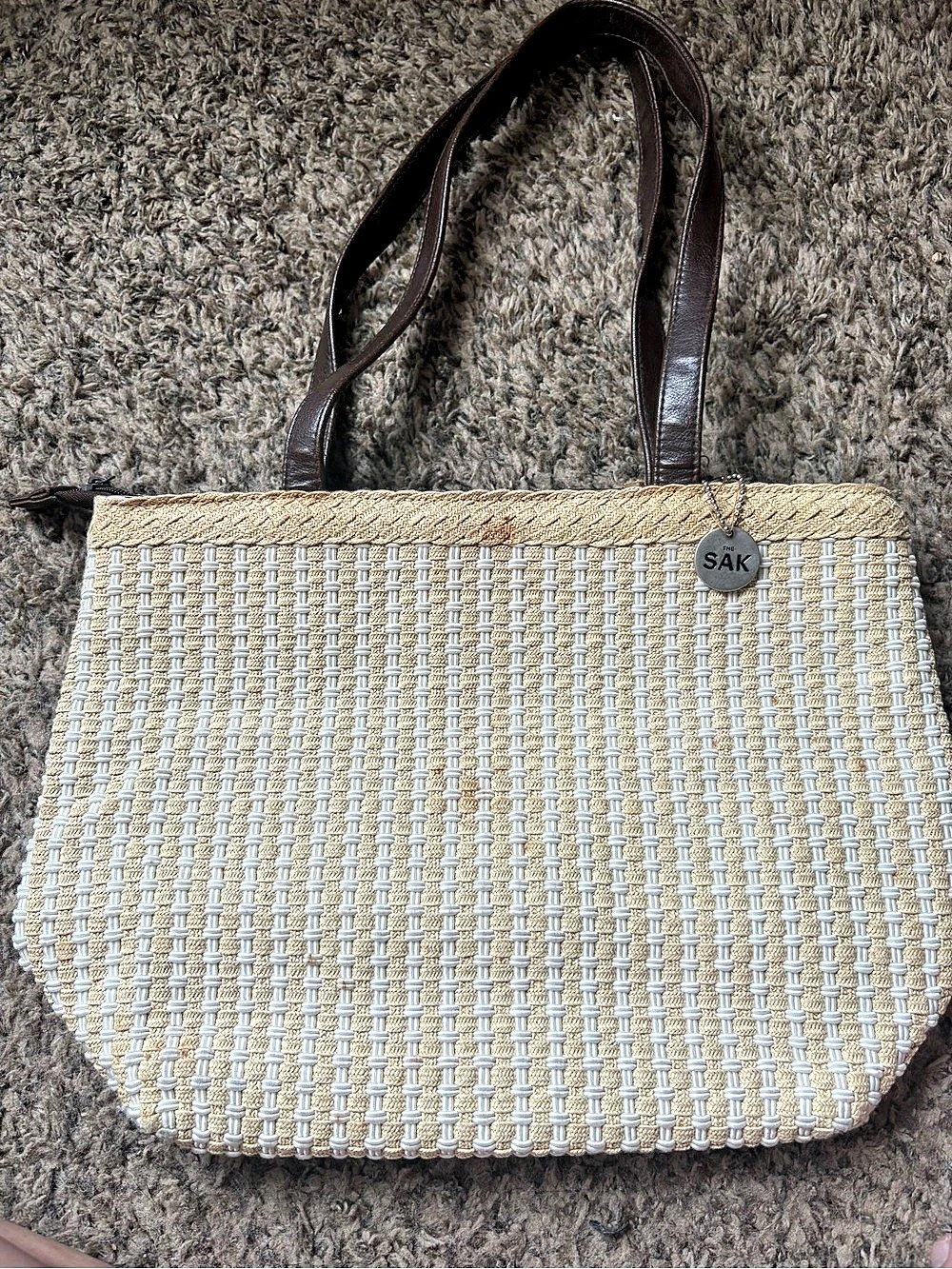 The Sak Woven Tote in Beige & White